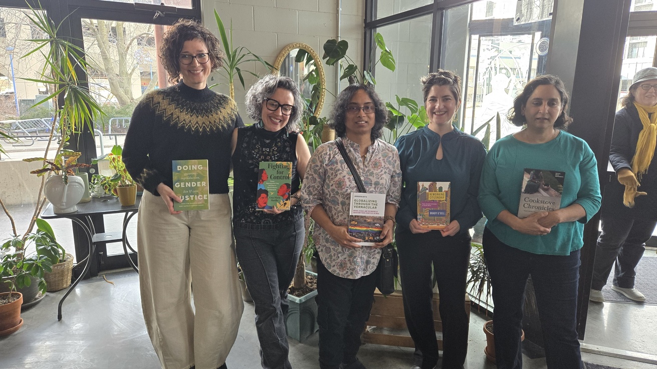 Natalia Fixmer-Oraiz, Lina-Maria Murillo, Ani Dutta, Brady G'sell, and Meena Khandelwal stand with their newly published books